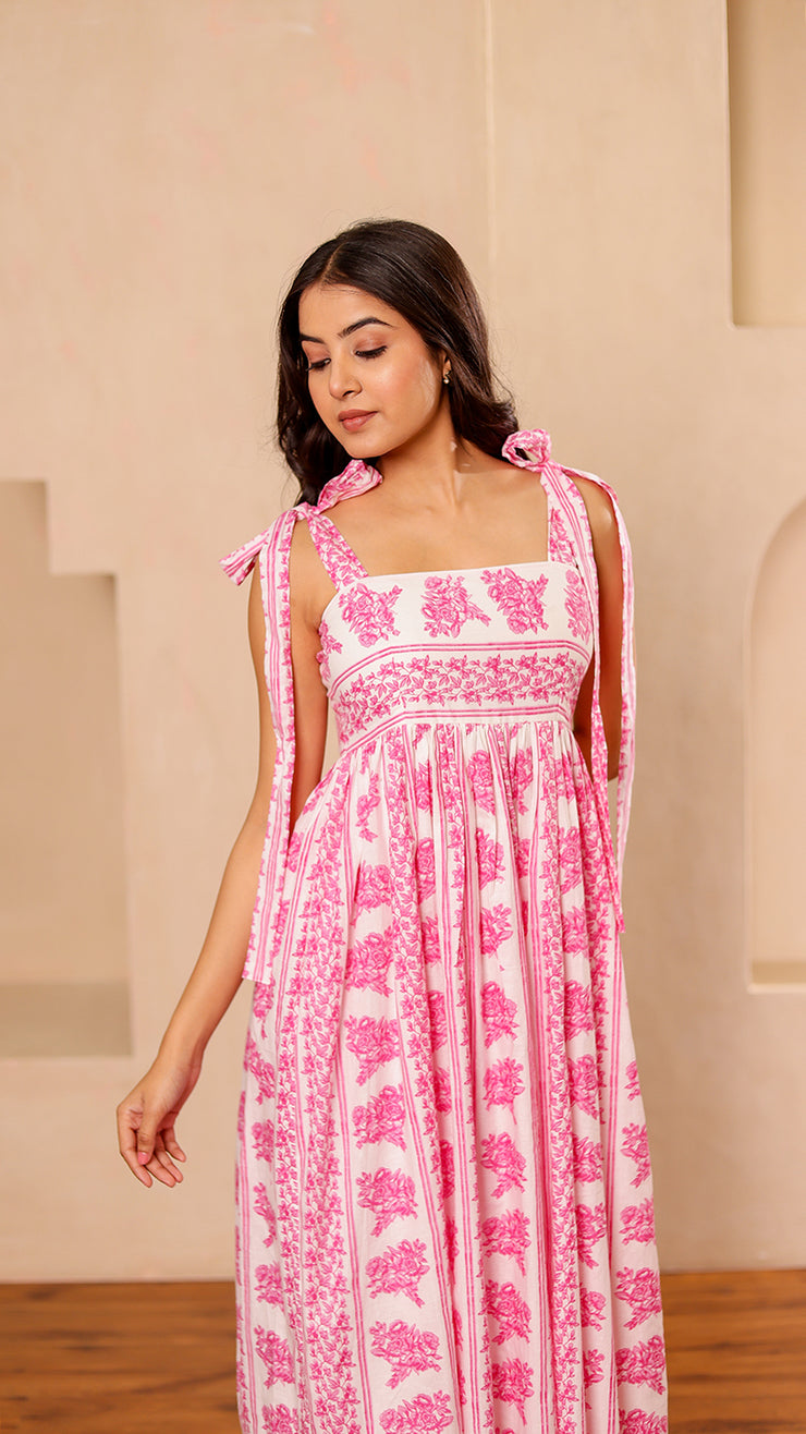 Shoulder Tie Up – Pink White Floral Dress