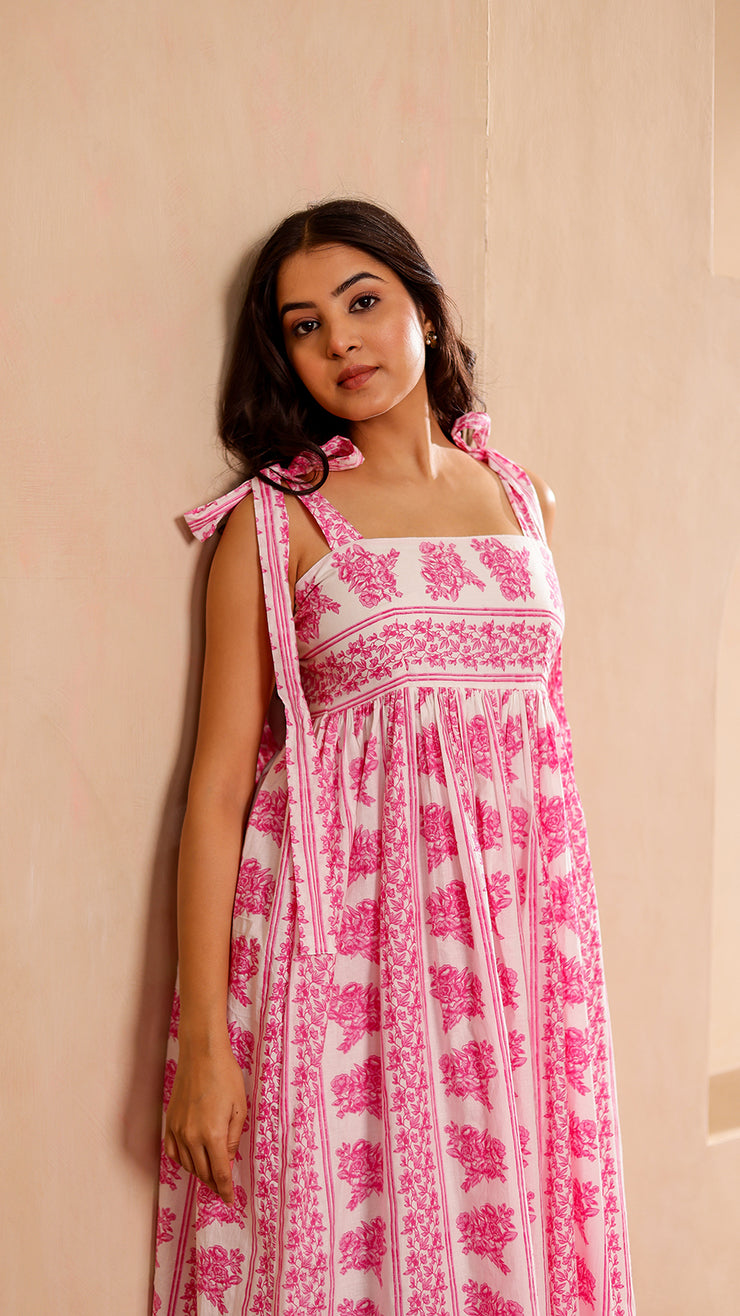 Shoulder Tie Up – Pink White Floral Dress