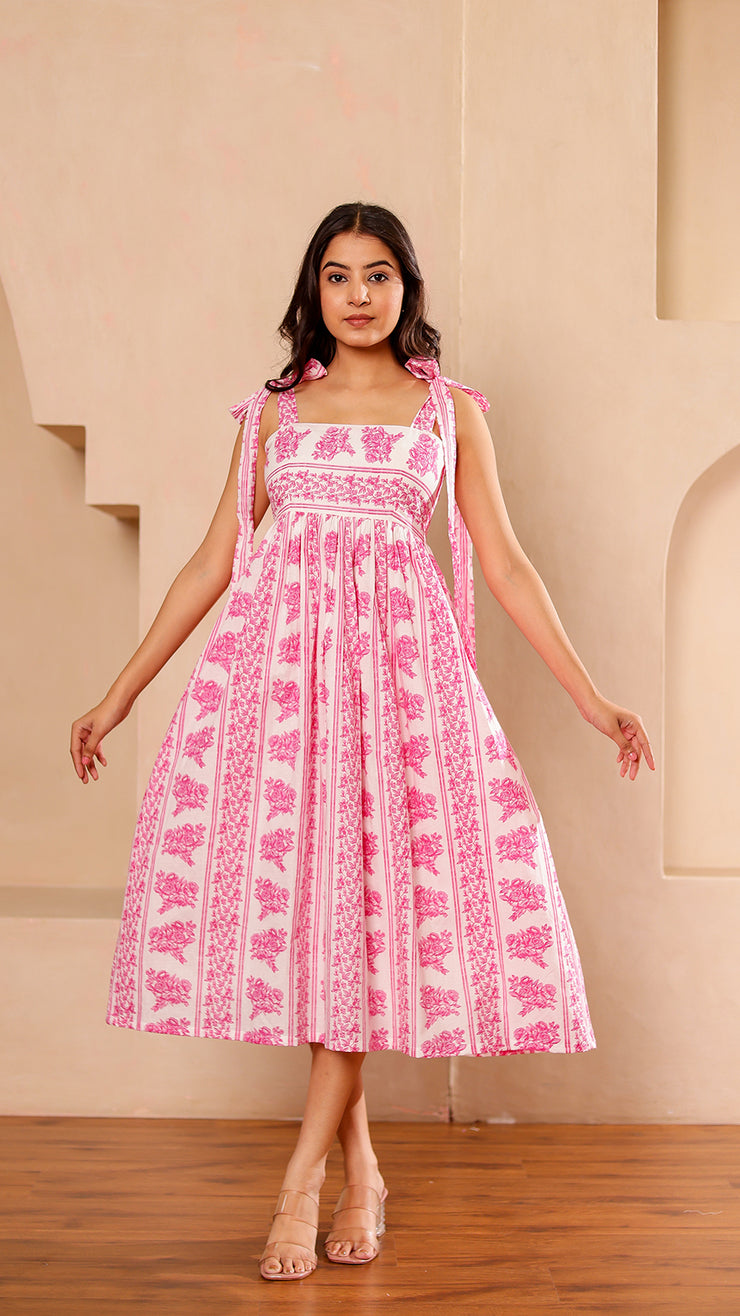 Shoulder Tie Up – Pink White Floral Dress