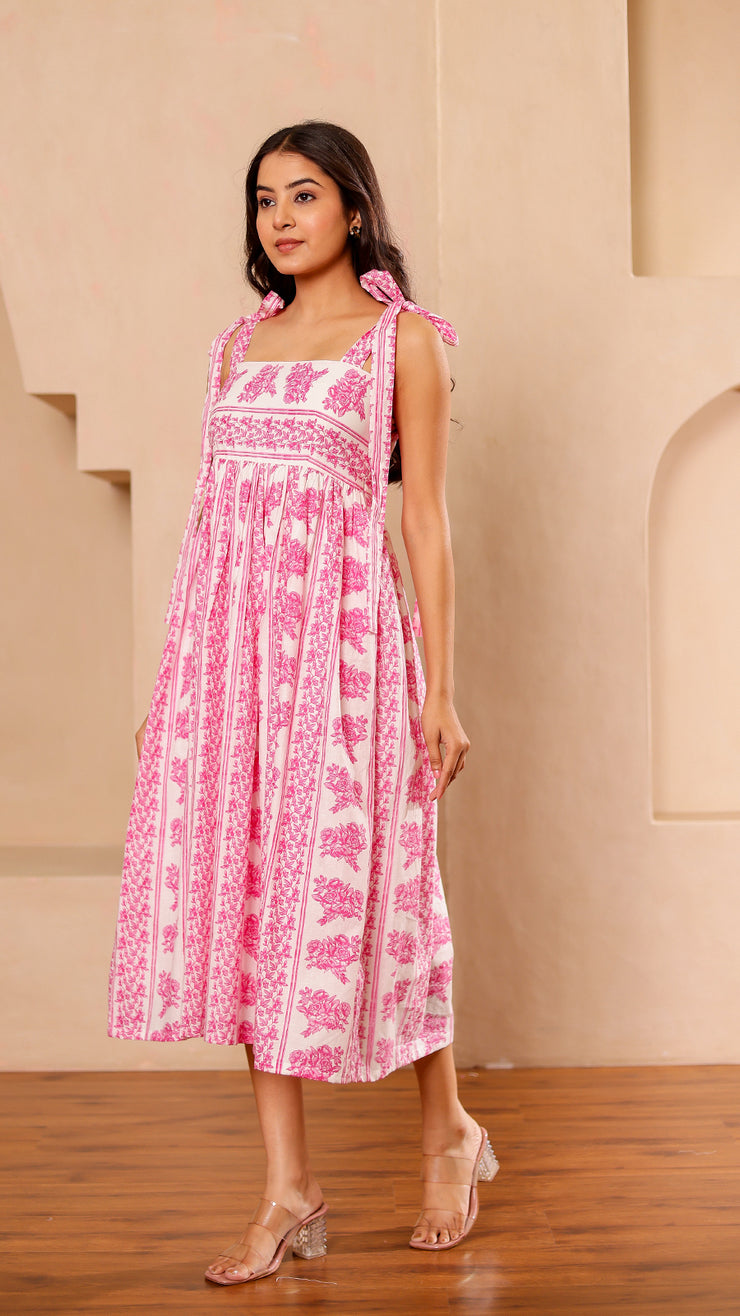 Shoulder Tie Up – Pink White Floral Dress