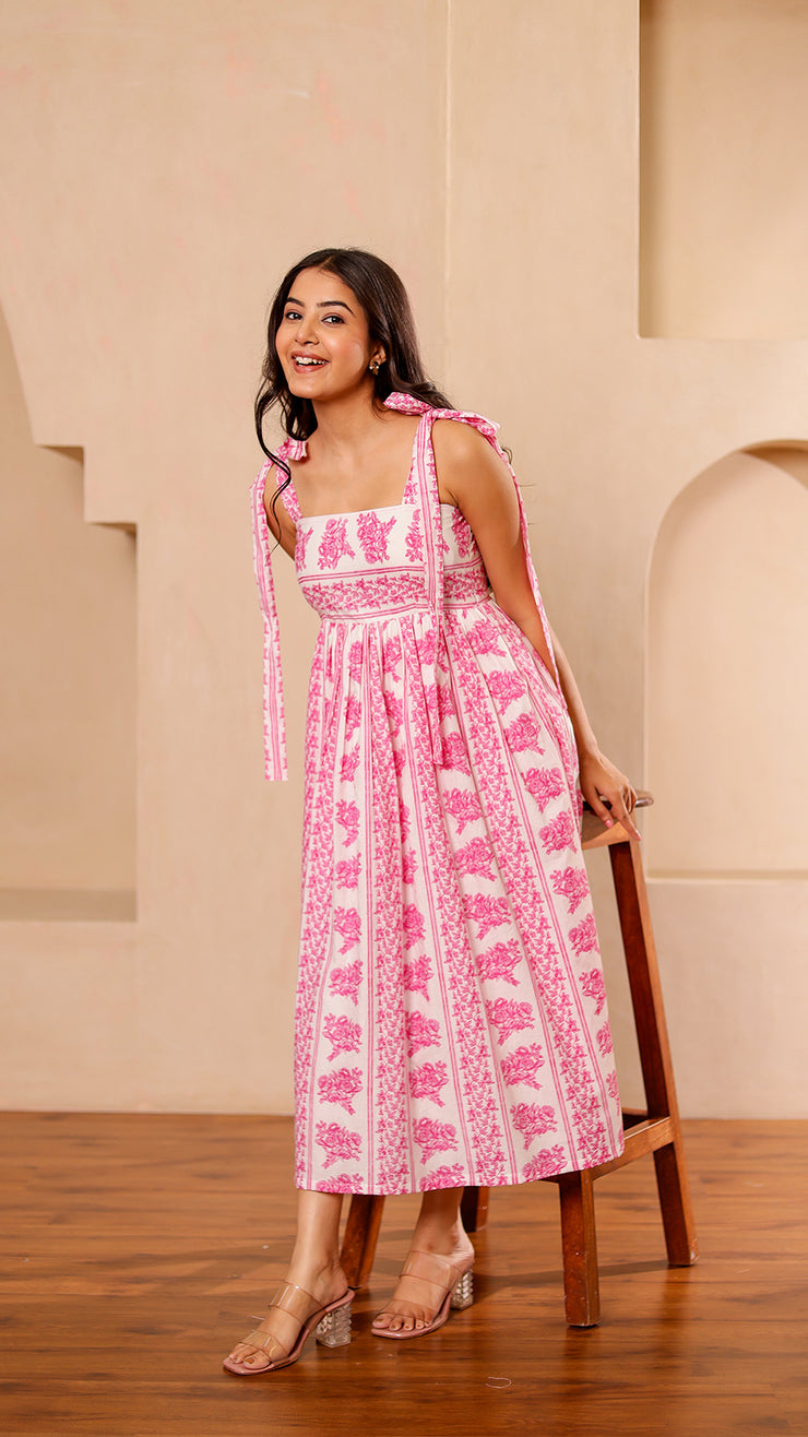 Shoulder Tie Up – Pink White Floral Dress