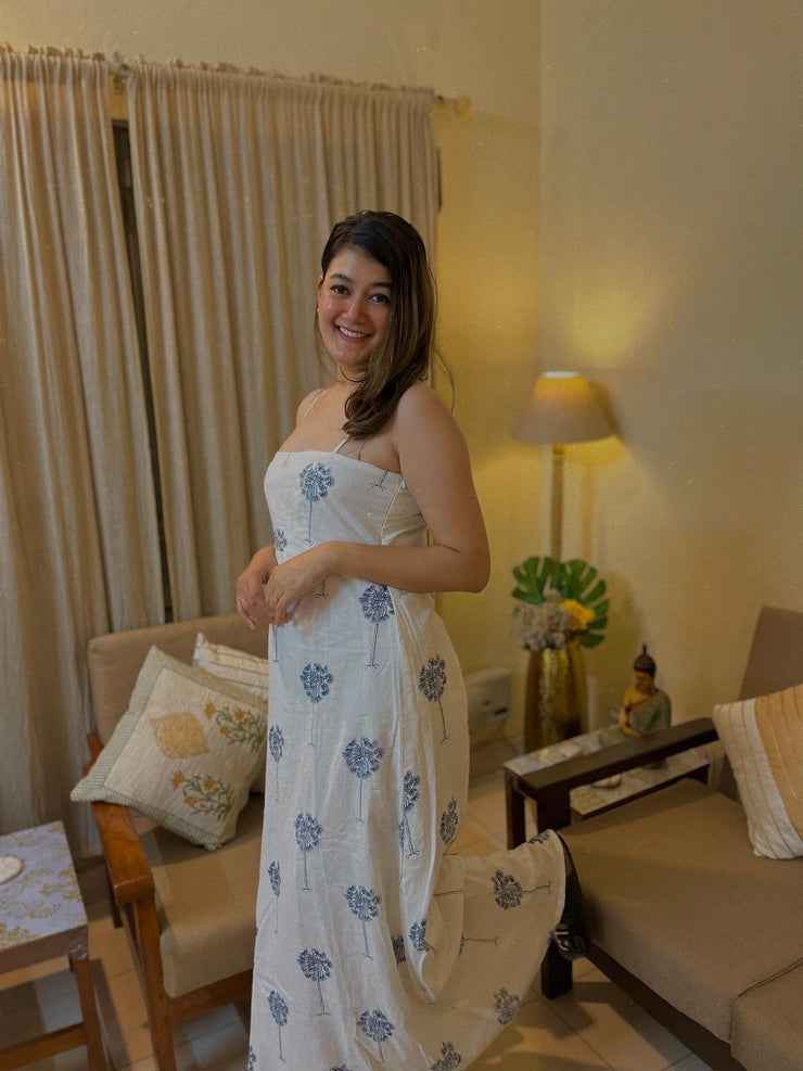 Whit & Blue Palm Tree Maxi Dress